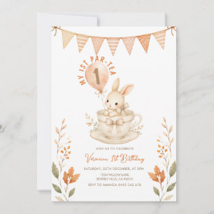 Invitación Conejo Par-Tea cumpleaños 1er otoño Floral