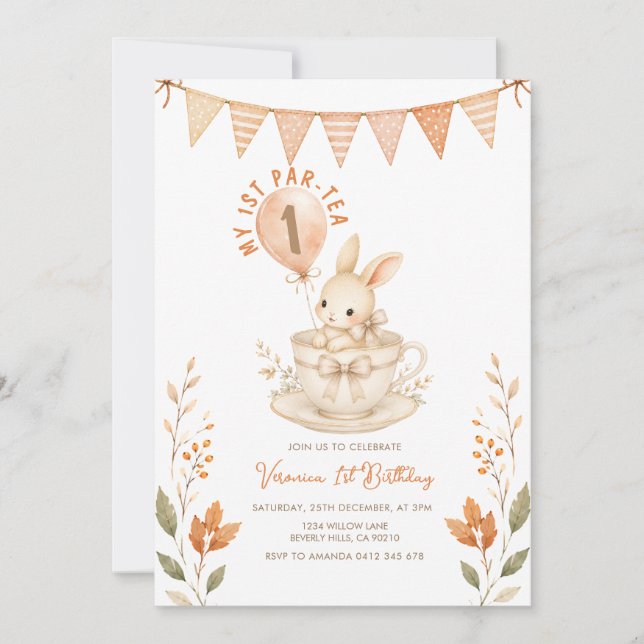 Invitación Conejo Par-Tea cumpleaños 1er otoño Floral  (Anverso)