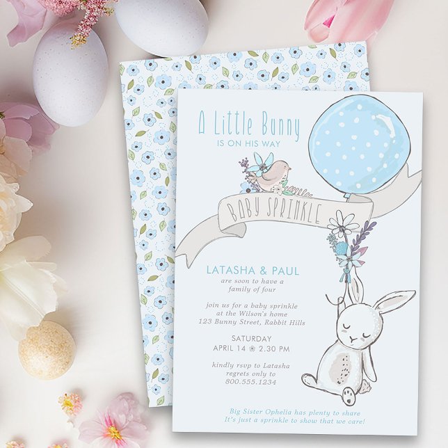 Invitación Conejo Pequeño con Globo Niño Bebé Sprinkle (Boy Baby Sprinkle Invitation from my Little Bunny & Balloon Baby Shower collection)