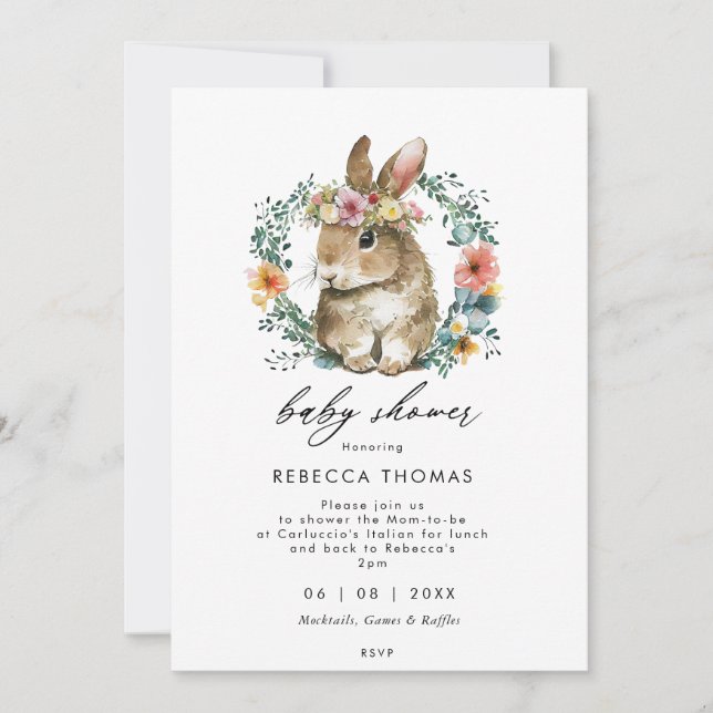 Invitación conejo primaveral de conejo floral de baño de bebé (Anverso)