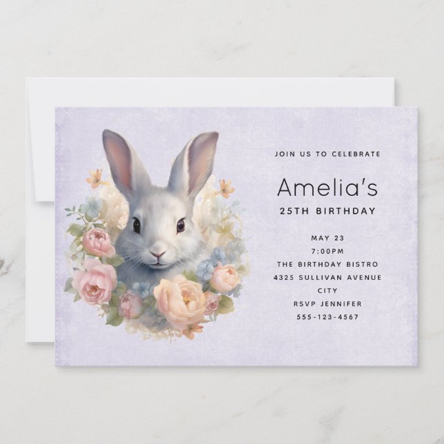 Invitación Conejo rodeado de flores pastel Cute Cumpleaños (Anverso)
