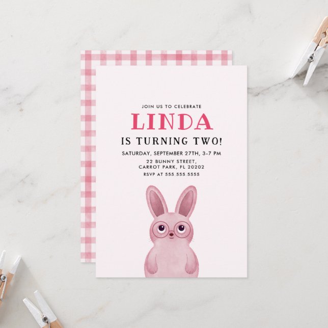 Invitación Conejo rosa con fiesta de cumpleaños del chica de  (Anverso/Reverso In Situ)