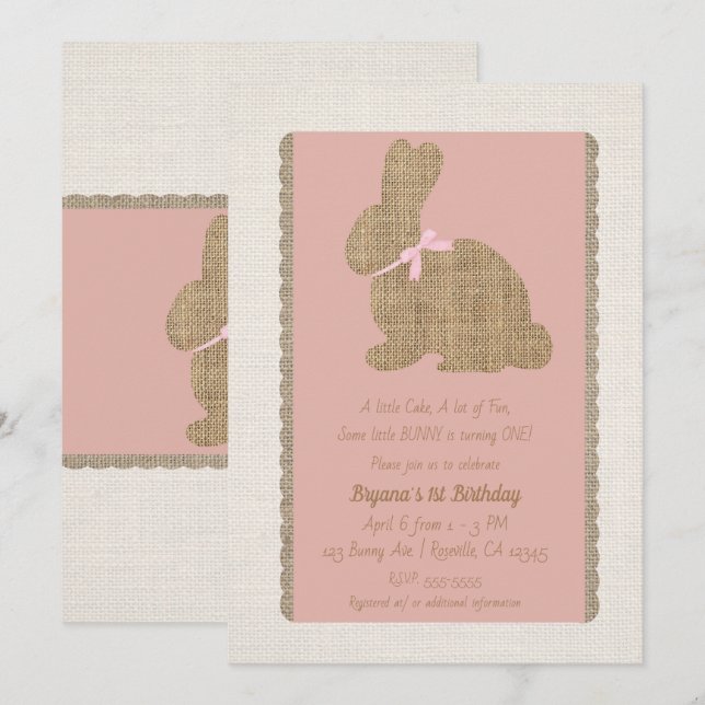 Invitación Conejo Rústico de Pascua de Cumpleaños 1º Pink & B (Anverso / Reverso)
