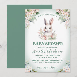 Invitación Conejo tierno verde y floral baby shower