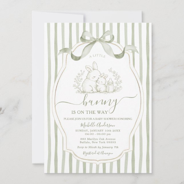 Invitación Conejo Verde Salvia Cumpleaños de Pascua de Primav (Anverso)