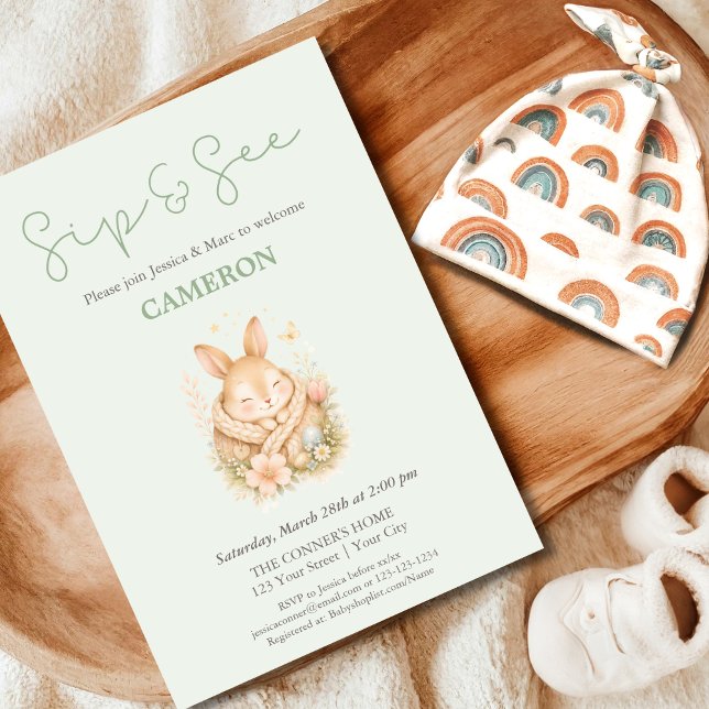 Invitación Conejo Verde Salvia Género Neutral Sip y Ver  (Subido por el creador)