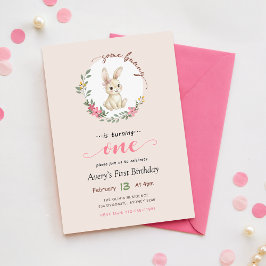Invitación Conejo Vintage Rosa Floral Cumpleaños 1 Conejo