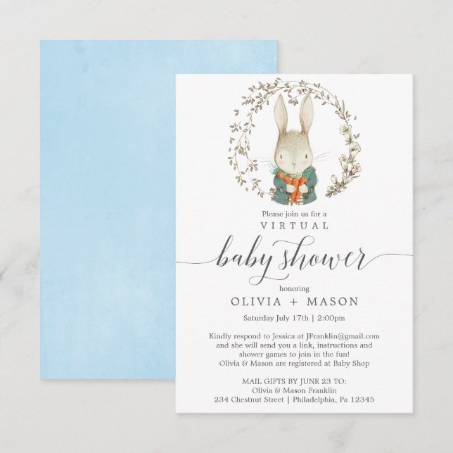 Invitación Conejo Vintage Virtual Baby Shower Invitation Boy (Anverso / Reverso)