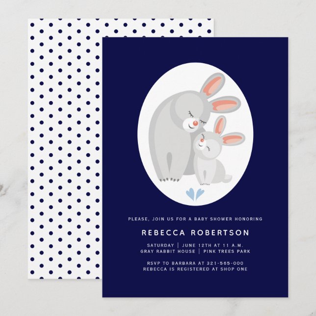 Invitación Conejo y conejo cutáneo de la ducha de bebé azul m (Anverso / Reverso)