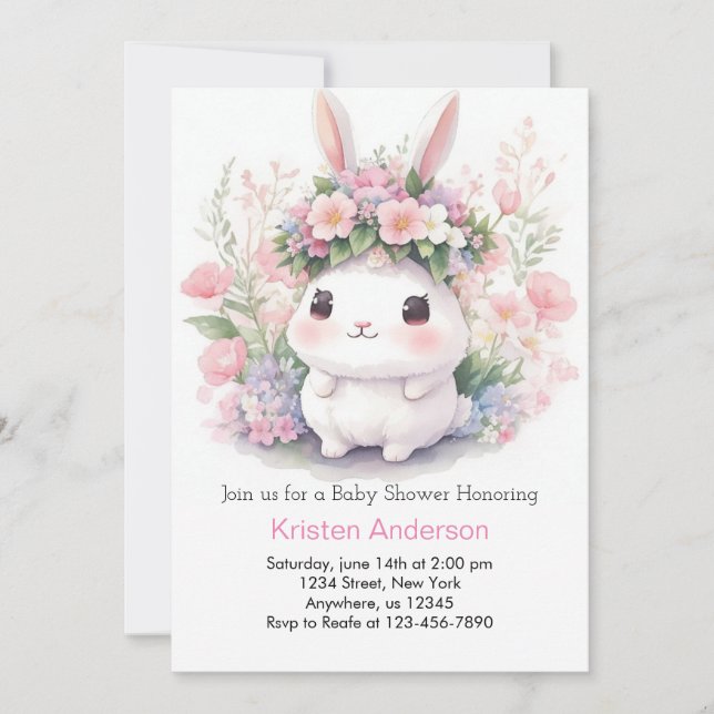 Invitación Conejo y flores para bebé (Anverso)