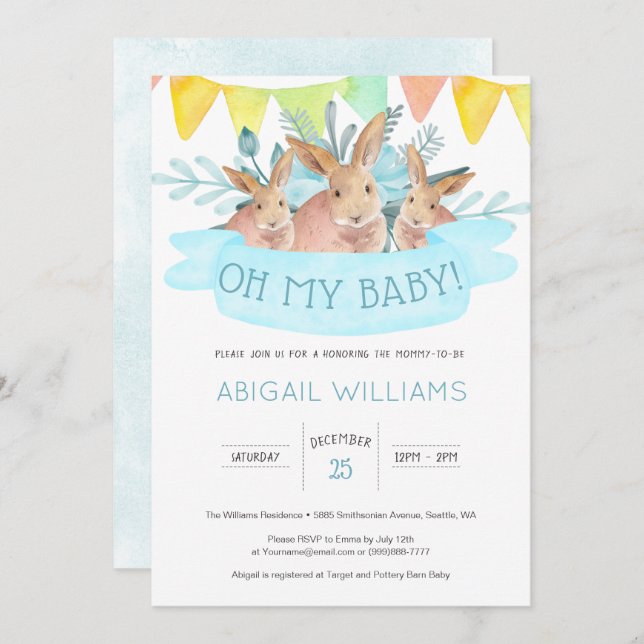 Invitación Conejos Acuarela Azul Baby Shower Sin Distinción d (Anverso / Reverso)