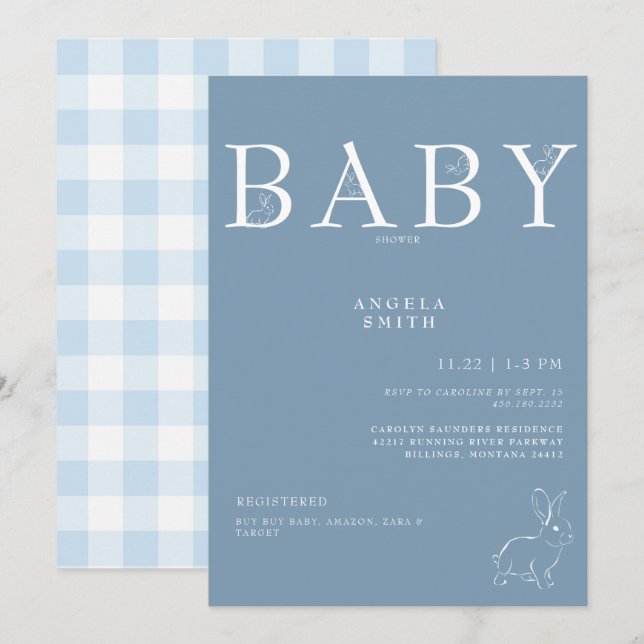 Invitación Conejos blancos luz azul Gingham Baby Shower (Anverso / Reverso)