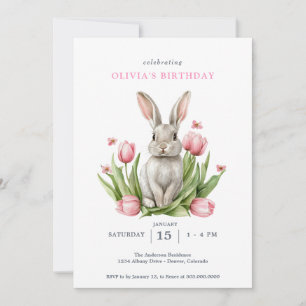 Invitación Conejos con Tulipanes de Acuarela Rosa