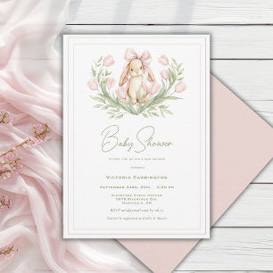 Invitación Conejos con Tulipanes Rosados Cinta de Regalo para