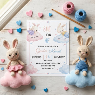Invitación Conejos de Acuarela Revelación de Género Nubes Ros