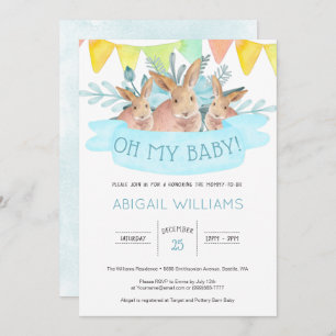 Invitación Conejos de color azul género Baby Shower neutro