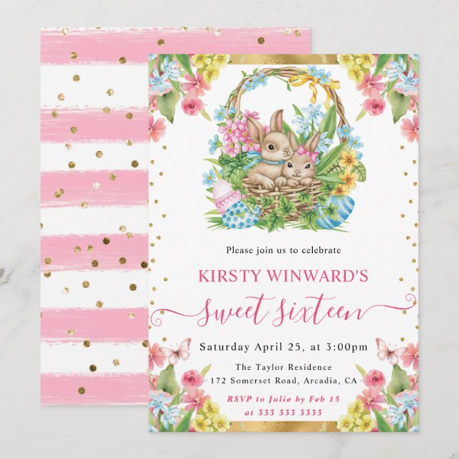 Invitación Conejos de Pascua en acuarela Cumpleaños dulce 16 (Anverso / Reverso)