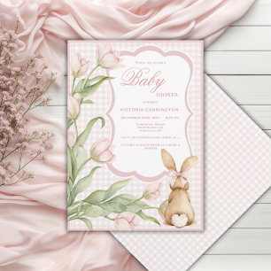 Invitación Conejos de Tulipanes de Gingham Rosa Fiesta de Beb