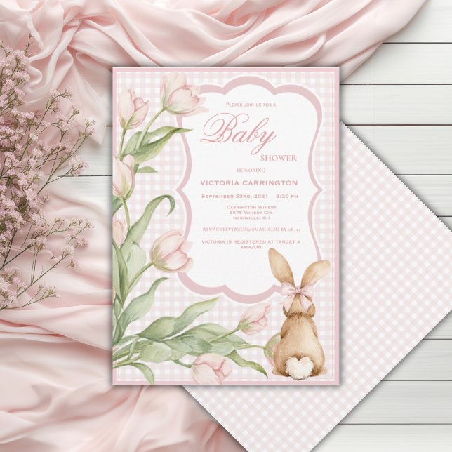Invitación Conejos de Tulipanes de Gingham Rosa Fiesta de Beb (Subido por el creador)