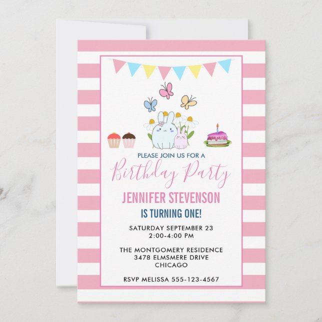 Invitación Conejos, Mariposas y Margaritas Fiesta de Cumpleañ (Anverso)