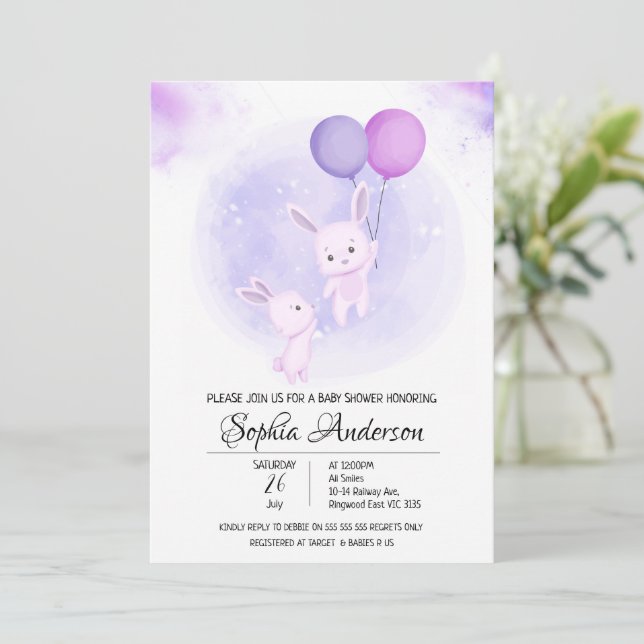 Invitación Conejos pequeños con Chica de globos Baby Shower (Anverso de pie)