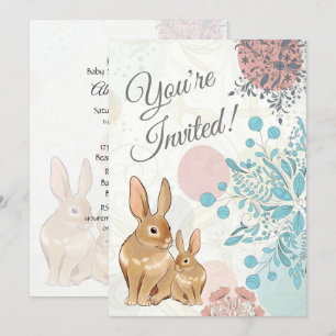 Invitación Conejos y flores de conejo lindo Baby Shower prima