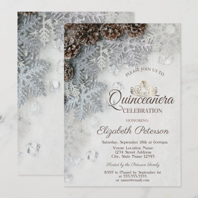 Invitación Cones de pino, copos de nieve, Tiara, Quinceañera (Anverso / Reverso)