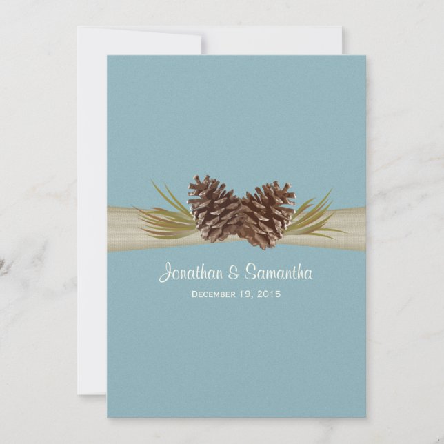 Invitación Cones de pino y Boda azul de invierno de Burlap (Anverso)