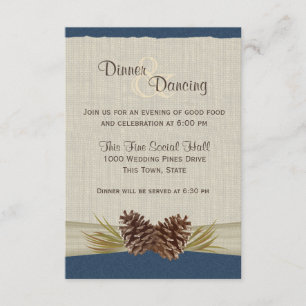 Invitación Cones de pino y recepción azul de la marina Burlap