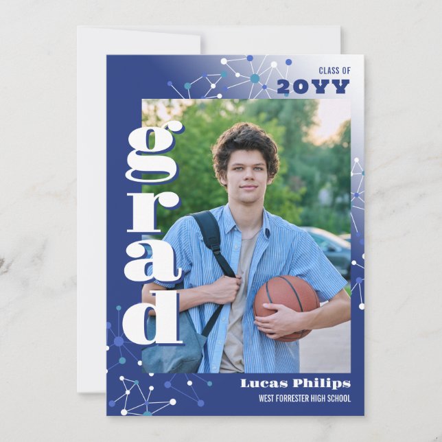 Invitación Conexiones azules 2 en 1 Graduación de fotos (Anverso)