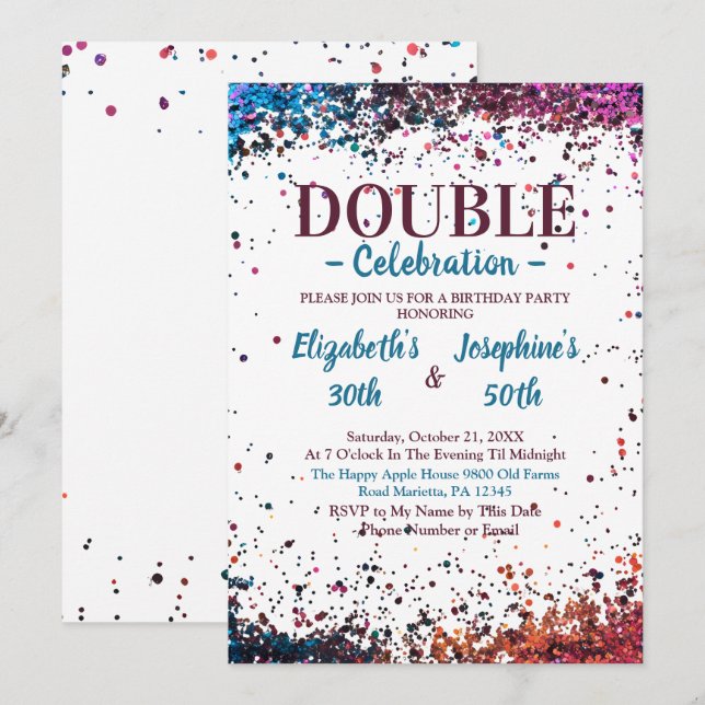 Invitación Confetal colorida de la fiesta de cumpleaños doble (Anverso / Reverso)