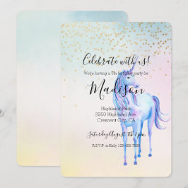 Invitación Confetán de oro amarillo rosado morado de unicorni