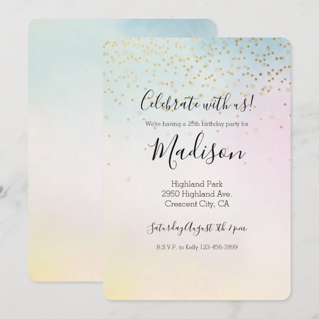 Invitación Confetán de oro de tinte amarillo rosa de Aqua de  (Anverso / Reverso)