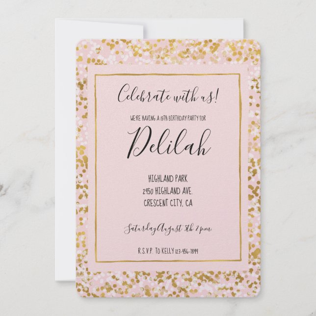 Invitación Confetán rosa blanco dorado (Anverso)