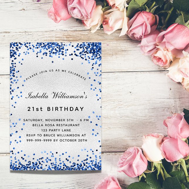 Invitación Confeti azul marino de plata de cumpleaños (Subido por el creador)