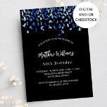 Invitación Confeti azul marino negro de cumpleaños<br><div class="desc">Moderna,  elegante e invitada. Un fondo negro decorado con un confeti azul. Personalice y agregue un nombre y detalles. Texto blanco.</div>