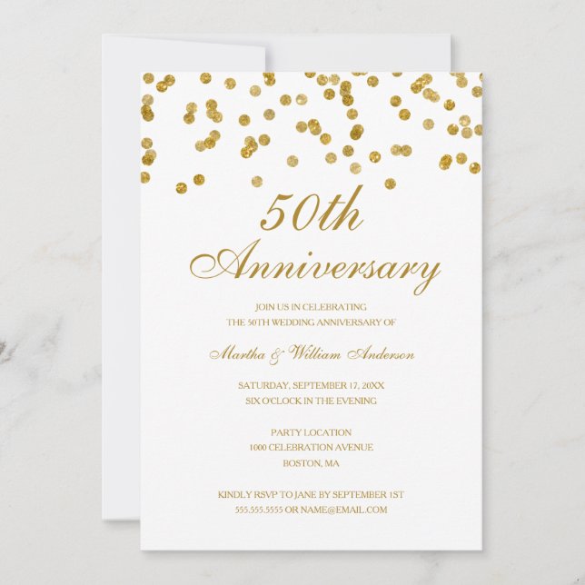 Invitación Confeti Blanco y Dorado Aniversario de Bodas 50 (Anverso)