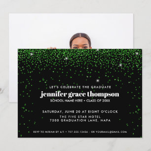 Invitación Confeti Brillante Verde Negro Foto Fiesta de Gradu
