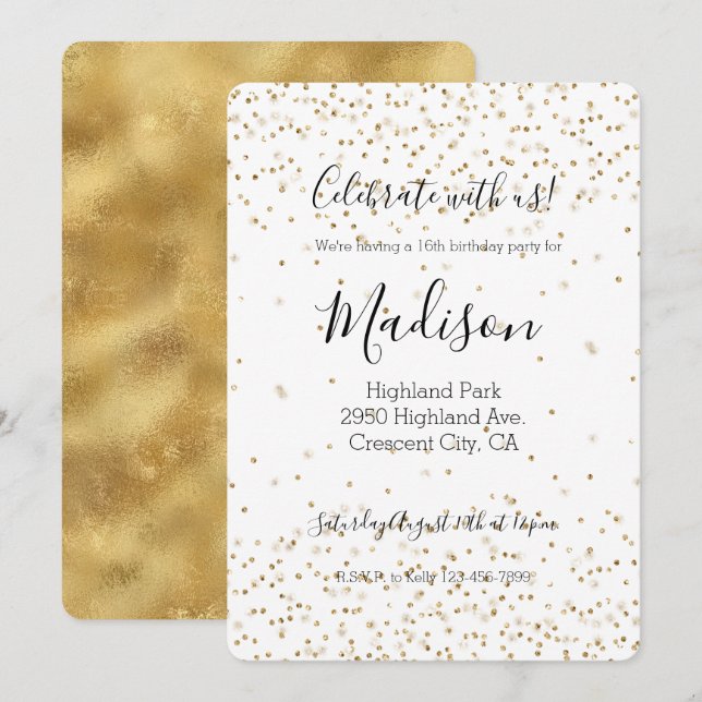Invitación Confeti brillo oro blanco    (Anverso / Reverso)