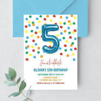 Invitación Confeti Colorido Cinco Globo Cumpleaños 5 Niño