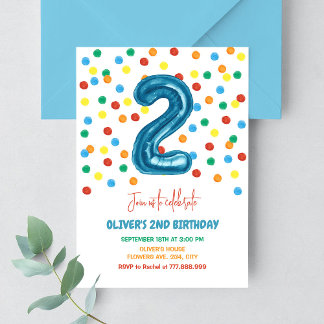 Invitación Confeti Colorido Dos Globos Cumpleaños 2 Niño