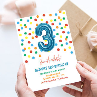 Invitación Confeti Colorido Tres Globo Cumpleaños 3 Niño