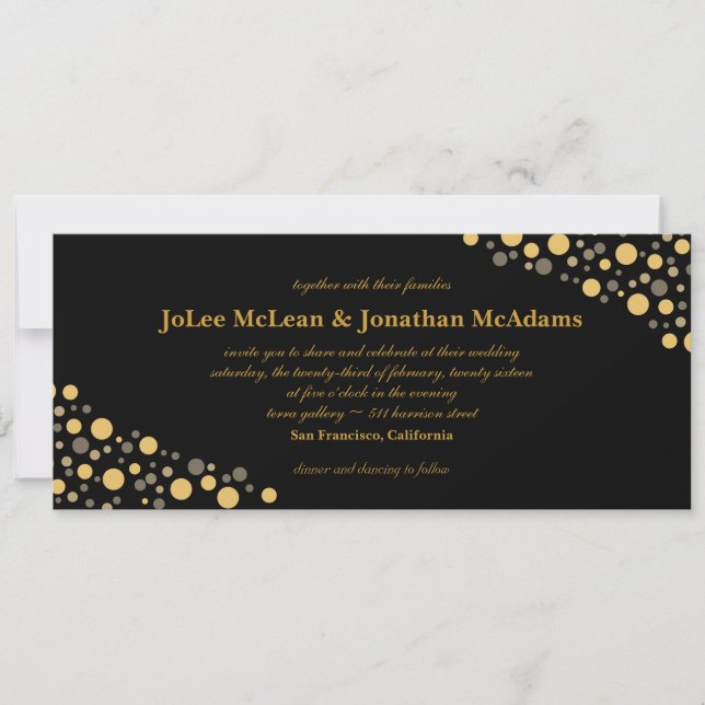 Invitación Confeti de boda negro y dorado (Anverso)