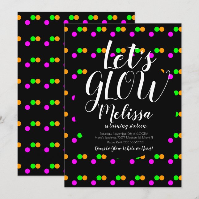 Invitación Confeti de Cumpleaños Brillante Neon Brilla en la  (Anverso / Reverso)