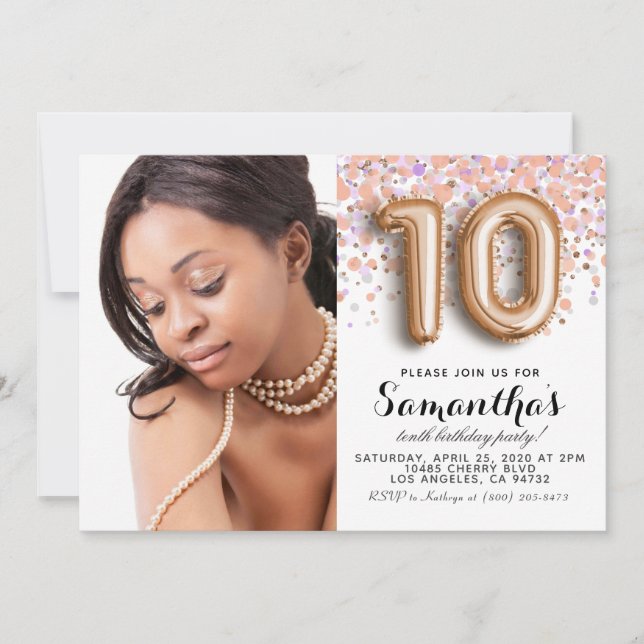 Invitación Confeti de Cumpleaños Dorado Retrato 10 (Anverso)