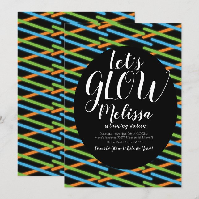 Invitación Confeti de Cumpleaños Líneas Brillantes Neon Brill (Anverso / Reverso)
