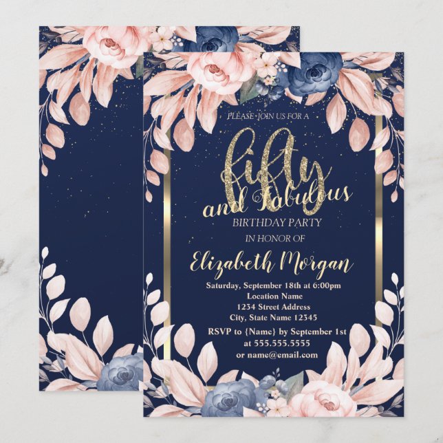 Invitación Confeti de Flores Azules Azul Marino Cumpleaños 50 (Anverso / Reverso)