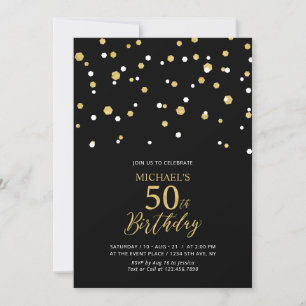 Invitación Confeti de Hexágono Negro y Dorado Cumpleaños 50