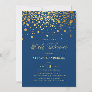 Invitación Confeti de Hoja de Oro Falso Baby Shower Azul Mari