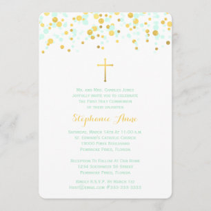 Invitación Confeti de la menta y del oro de la comunión